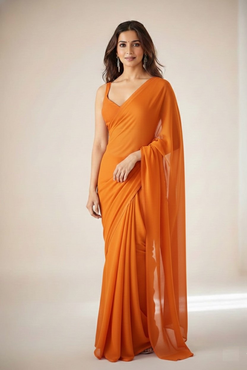 Women's Plain Pure Georgette Saree With Unstitched Blouse Piece (Rocky Aur Rani Ki Prem Kahani Alia Bhatt Saree)