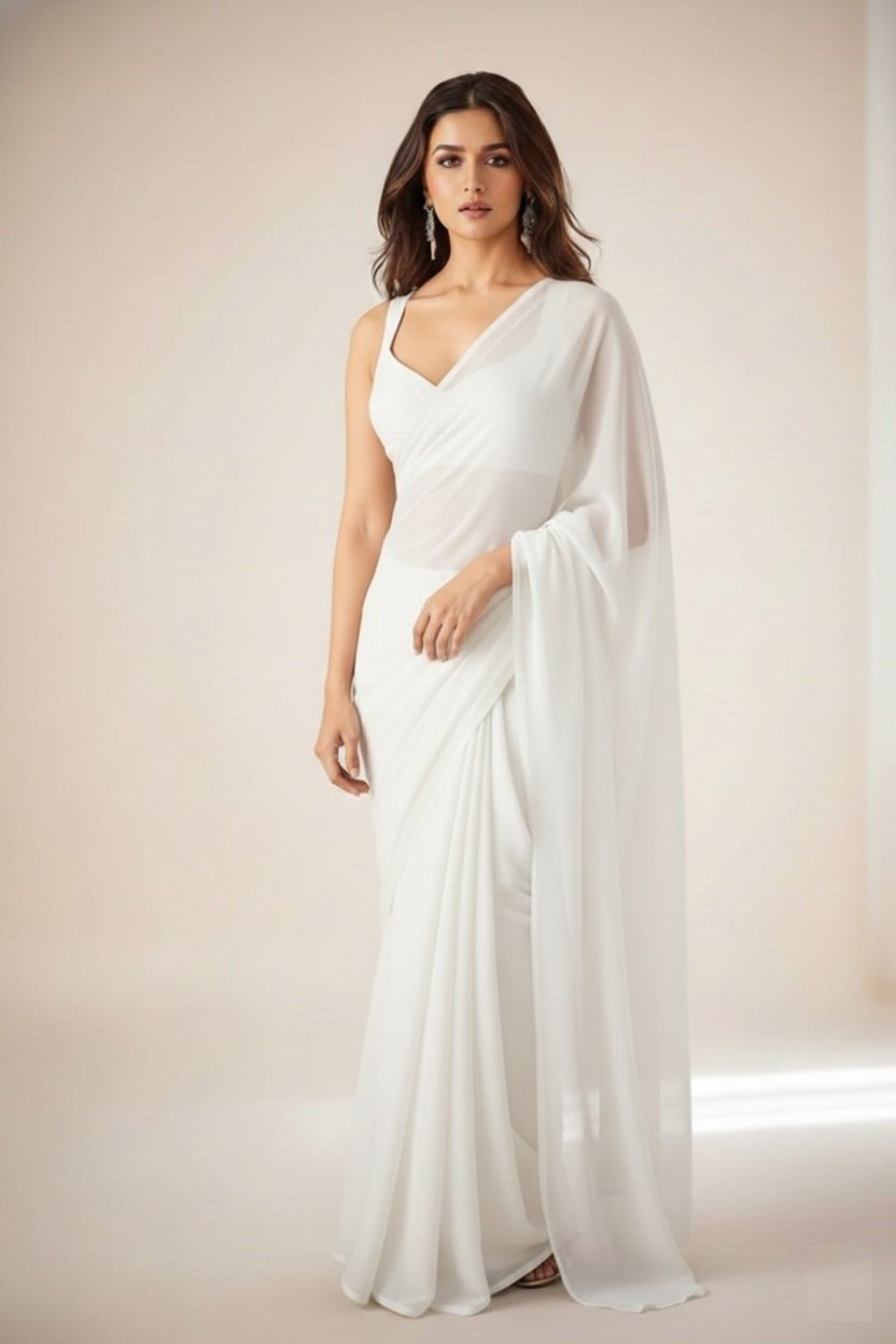 Women's Plain Pure Georgette Saree With Unstitched Blouse Piece (Rocky Aur Rani Ki Prem Kahani Alia Bhatt Saree) - Image 4