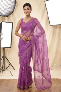Womens Shimmer Chiffon Embroidered Hot Fix Stone Work with Lace/Swarovski Crystal Saree With Blouse