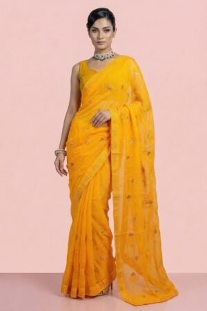 Womens Shimmer Chiffon Embroidered Hot Fix Stone Work with Lace/Swarovski Crystal Saree With Blouse