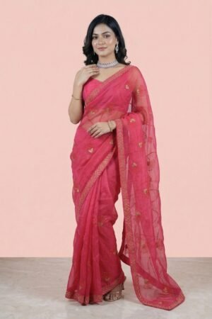 Womens Shimmer Chiffon Embroidered Hot Fix Stone Work with Lace/Swarovski Crystal Saree With Blouse