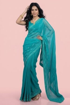 Womens Shimmer Chiffon Embroidered Hot Fix Stone Work with Lace/Swarovski Crystal Saree With Blouse