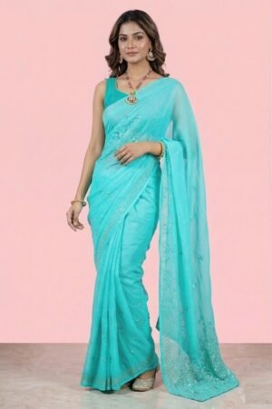 Womens Shimmer Chiffon Embroidered Hot Fix Stone Work with Lace/Swarovski Crystal Saree With Blouse