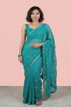 Womens Shimmer Chiffon Embroidered Hot Fix Stone Work with Lace/Swarovski Crystal Saree With Blouse