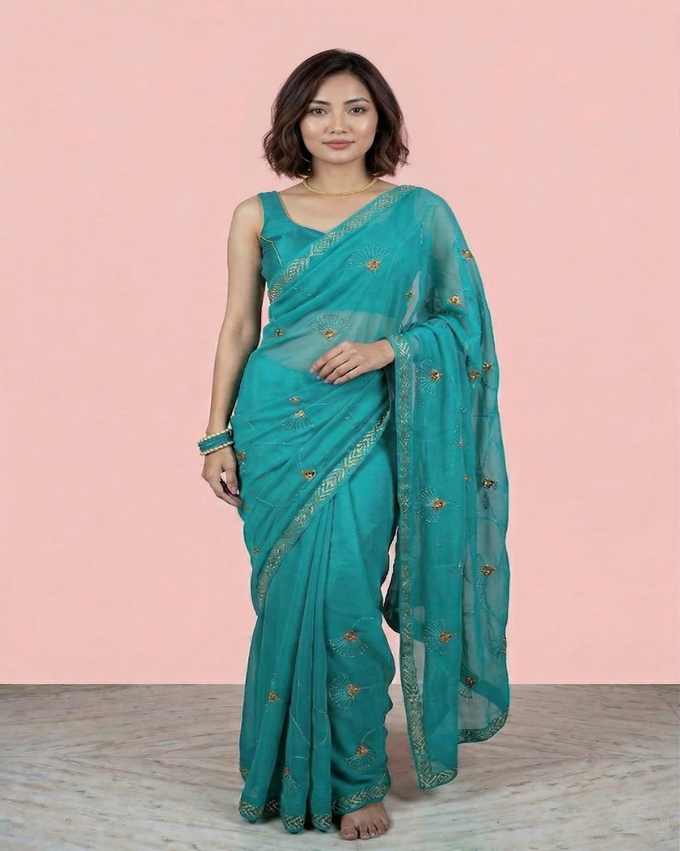 Womens Shimmer Chiffon Embroidered Hot Fix Stone Work with Lace/Swarovski Crystal Saree With Blouse