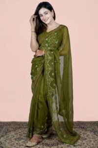 Womens Shimmer Chiffon Embroidered Hot Fix Stone Work with Lace/Swarovski Crystal Saree With Blouse