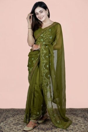 Womens Shimmer Chiffon Embroidered Hot Fix Stone Work with Lace/Swarovski Crystal Saree With Blouse