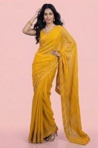 Womens Shimmer Chiffon Embroidered Hot Fix Stone Work with Lace/Swarovski Crystal Saree With Blouse