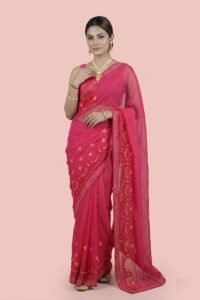 Womens Shimmer Chiffon Embroidered Hot Fix Stone Work with Lace/Swarovski Crystal Saree With Blouse