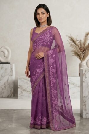 Womens Shimmer Chiffon Embroidered Hot Fix Stone Work with Lace/Swarovski Crystal Saree With Blouse