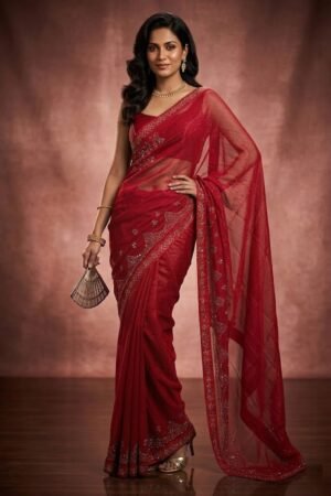 Womens Shimmer Chiffon Embroidered Hot Fix Stone Work with Lace/Swarovski Crystal Saree With Blouse