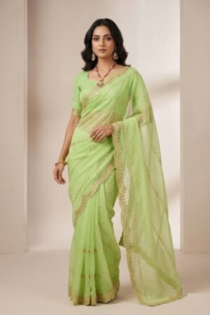 Womens Shimmer Chiffon Embroidered Hot Fix Stone Work with Lace/Swarovski Crystal Saree With Blouse
