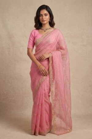 Womens Shimmer Chiffon Embroidered Hot Fix Stone Work with Lace/Swarovski Crystal Saree With Blouse