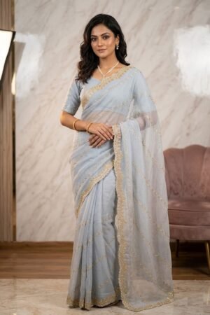 Womens Shimmer Chiffon Embroidered Hot Fix Stone Work with Lace/Swarovski Crystal Saree With Blouse