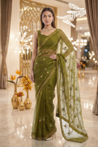 Womens Shimmer Chiffon Embroidered Hot Fix Stone Work with Lace/Swarovski Crystal Saree With Blouse