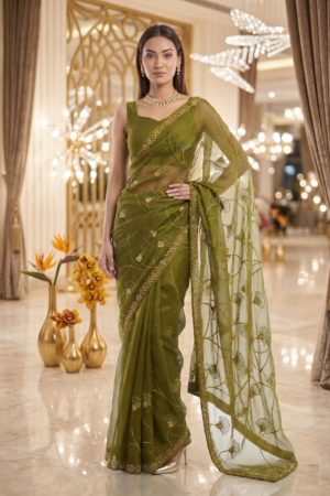 Womens Shimmer Chiffon Embroidered Hot Fix Stone Work with Lace/Swarovski Crystal Saree With Blouse