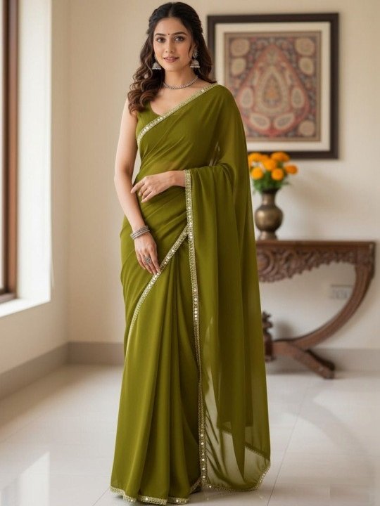 Women's Mahendi Plain Georgette Sarees with Mirror Work Lace Border - Image 5