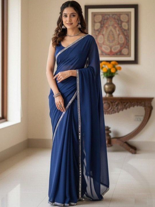 Women's Navy Plain Georgette Sarees with Mirror Work Lace Border - Image 5