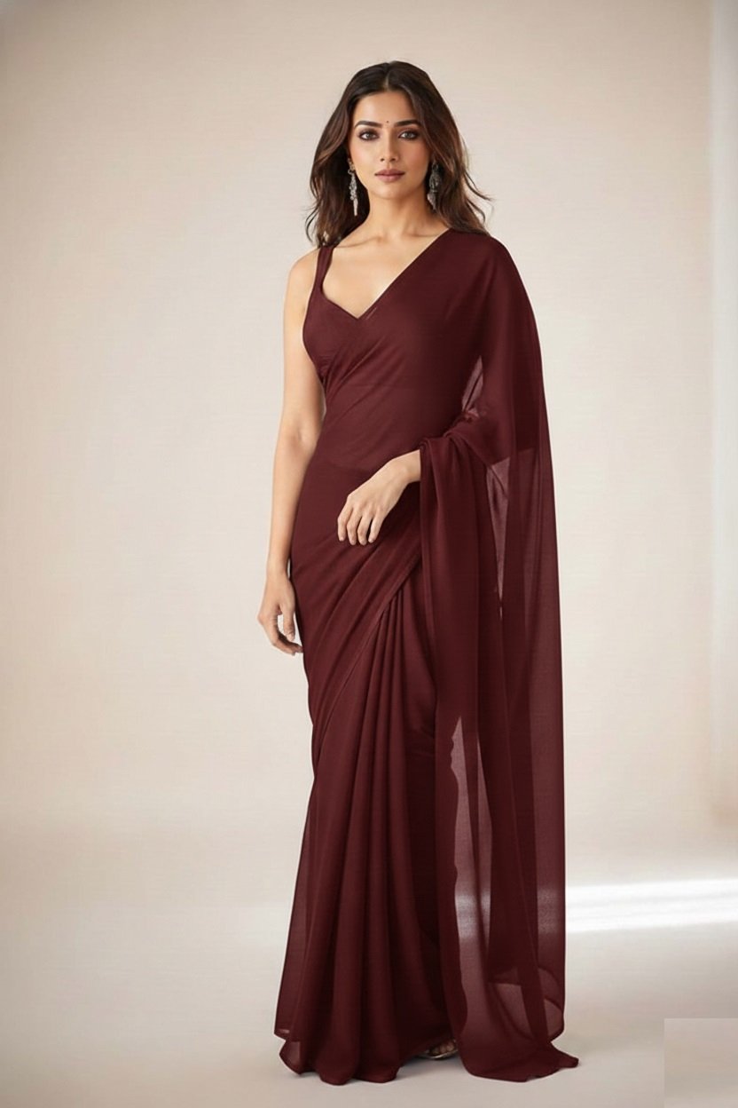Women's Plain Pure Georgette Saree With Unstitched Blouse Piece (Rocky Aur Rani Ki Prem Kahani Alia Bhatt Saree)