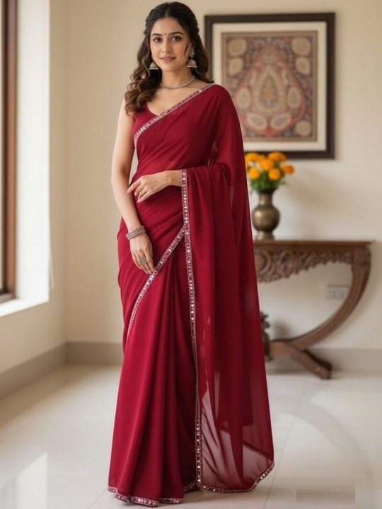 Women's Maroon Plain Georgette Sarees with Mirror Work Lace Border - Image 6