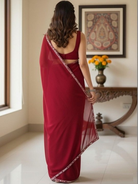 Women's Maroon Plain Georgette Sarees with Mirror Work Lace Border - Image 5