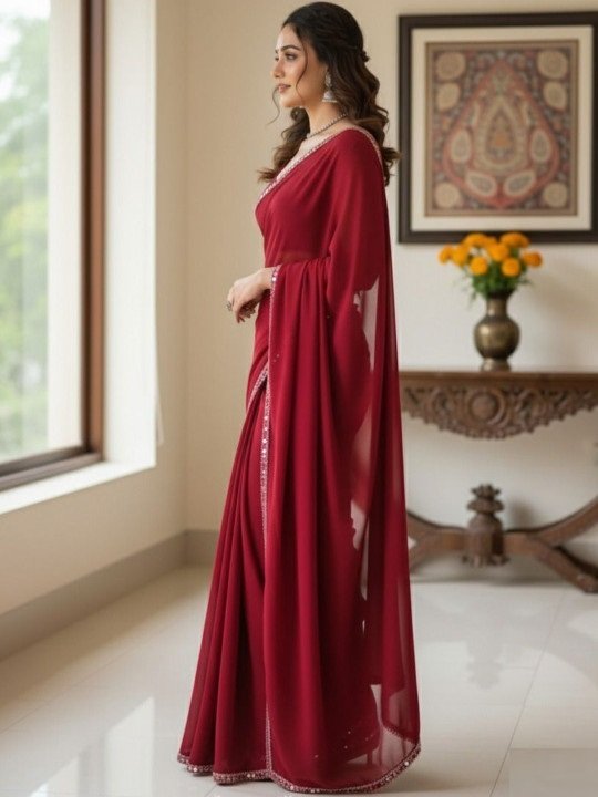 Women's Maroon Plain Georgette Sarees with Mirror Work Lace Border - Image 4