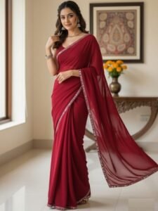 Women's Maroon Plain Georgette Sarees with Mirror Work Lace Border