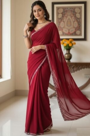 Women's Maroon Plain Georgette Sarees with Mirror Work Lace Border