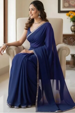 Women's Royal Blue Plain Georgette Sarees with Mirror Work Lace Border
