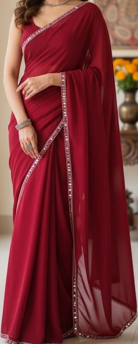 Women's Maroon Plain Georgette Sarees with Mirror Work Lace Border - Image 3