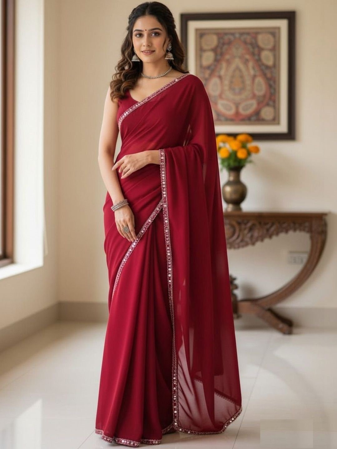 Women's Maroon Plain Georgette Sarees with Mirror Work Lace Border - Image 2