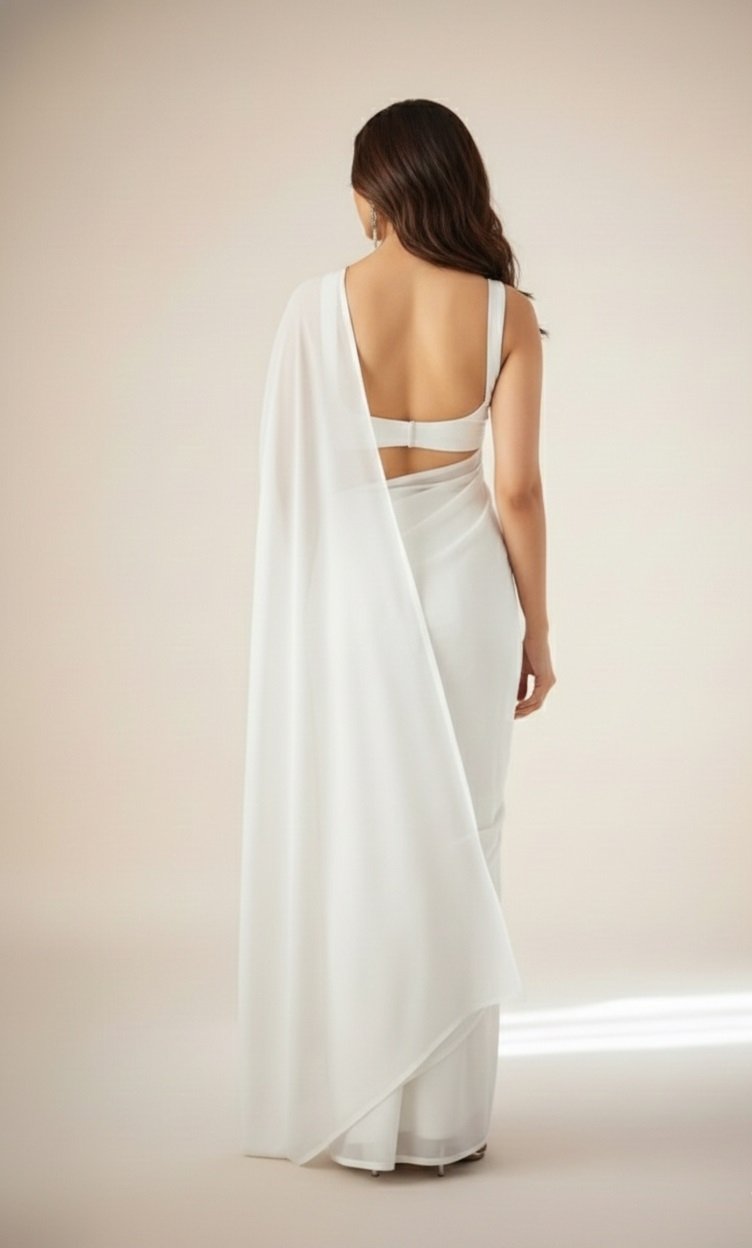 Women's Plain Pure Georgette Saree With Unstitched Blouse Piece (Rocky Aur Rani Ki Prem Kahani Alia Bhatt Saree) - Image 3