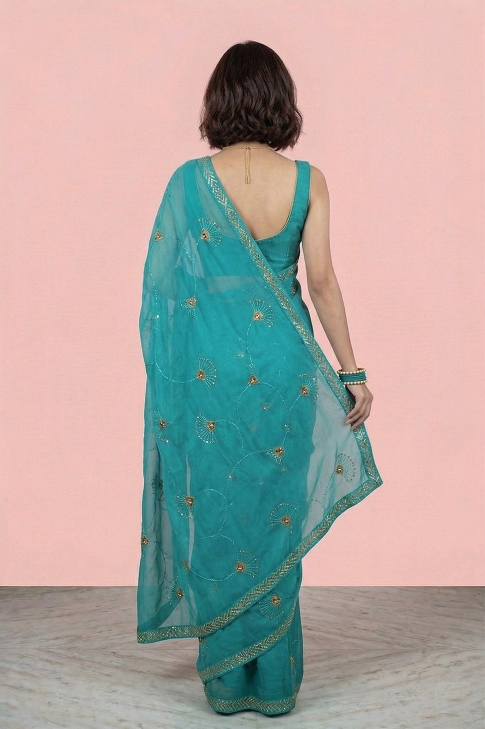 Womens Shimmer Chiffon Embroidered Hot Fix Stone Work with Lace/Swarovski Crystal Saree With Blouse - Image 2