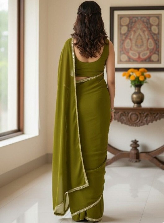 Women's Mahendi Plain Georgette Sarees with Mirror Work Lace Border - Image 4