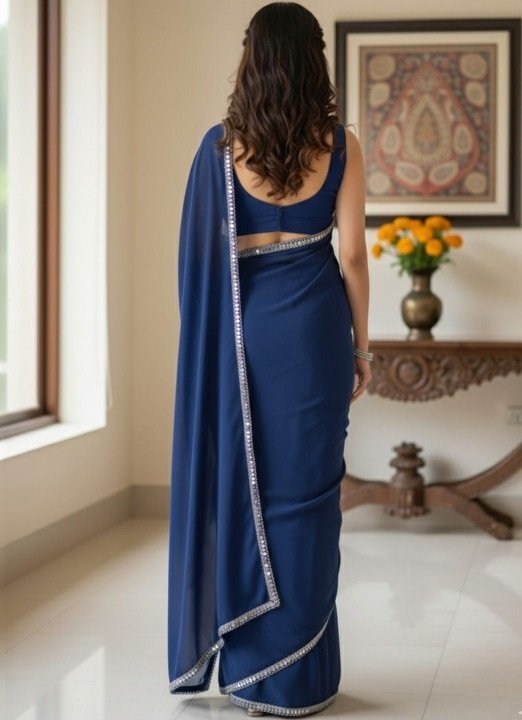 Women's Navy Plain Georgette Sarees with Mirror Work Lace Border - Image 4