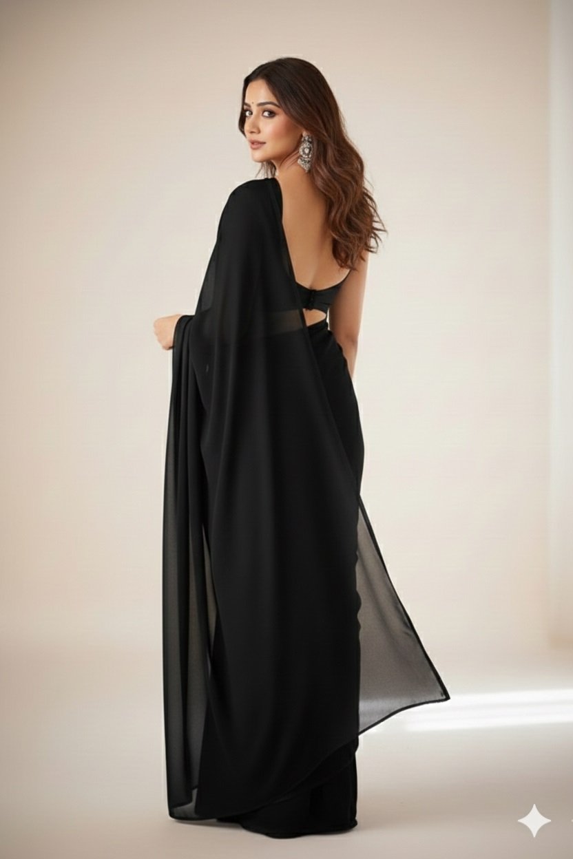 Women's Plain Pure Georgette Saree With Unstitched Blouse Piece (Rocky Aur Rani Ki Prem Kahani Alia Bhatt Saree) - Image 2