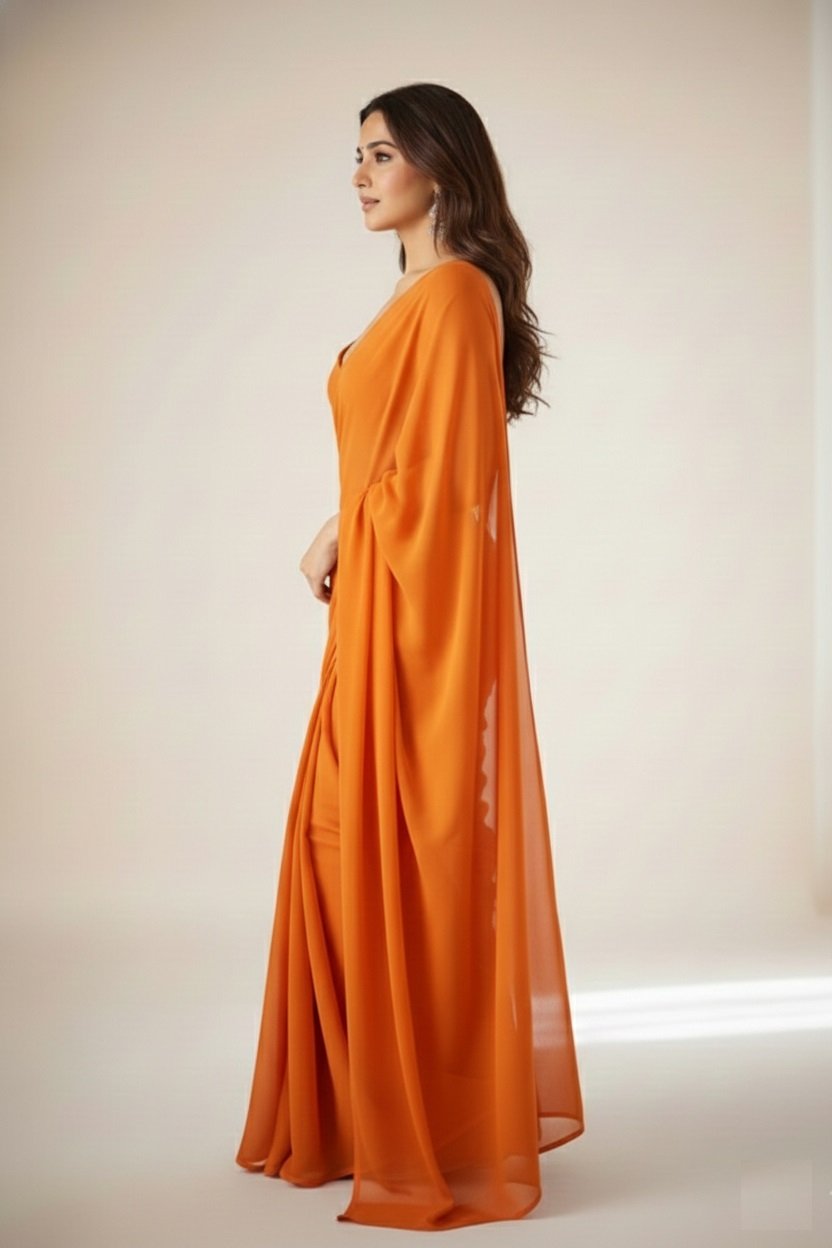 Women's Plain Pure Georgette Saree With Unstitched Blouse Piece (Rocky Aur Rani Ki Prem Kahani Alia Bhatt Saree) - Image 3