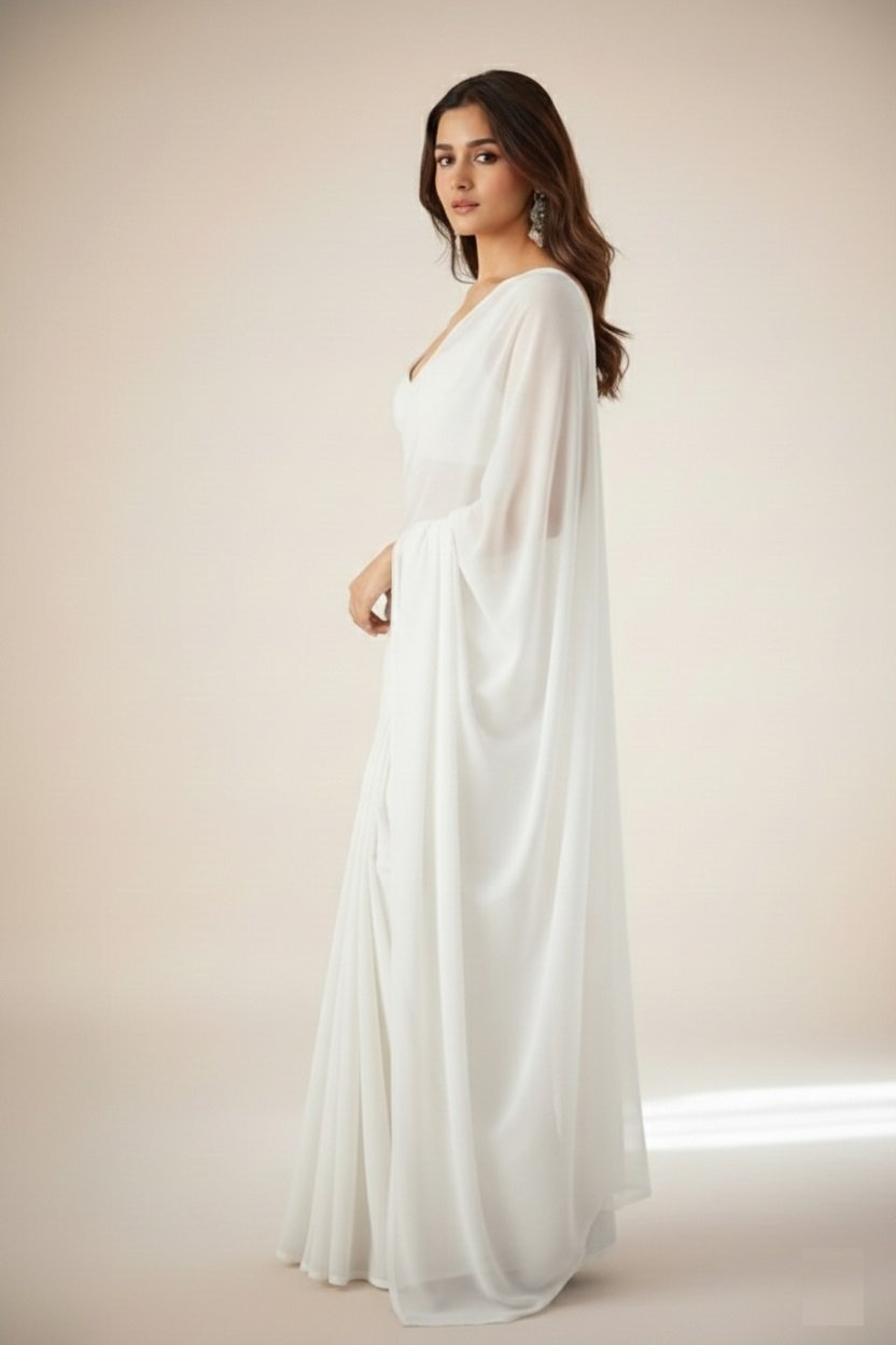 Women's Plain Pure Georgette Saree With Unstitched Blouse Piece (Rocky Aur Rani Ki Prem Kahani Alia Bhatt Saree) - Image 2