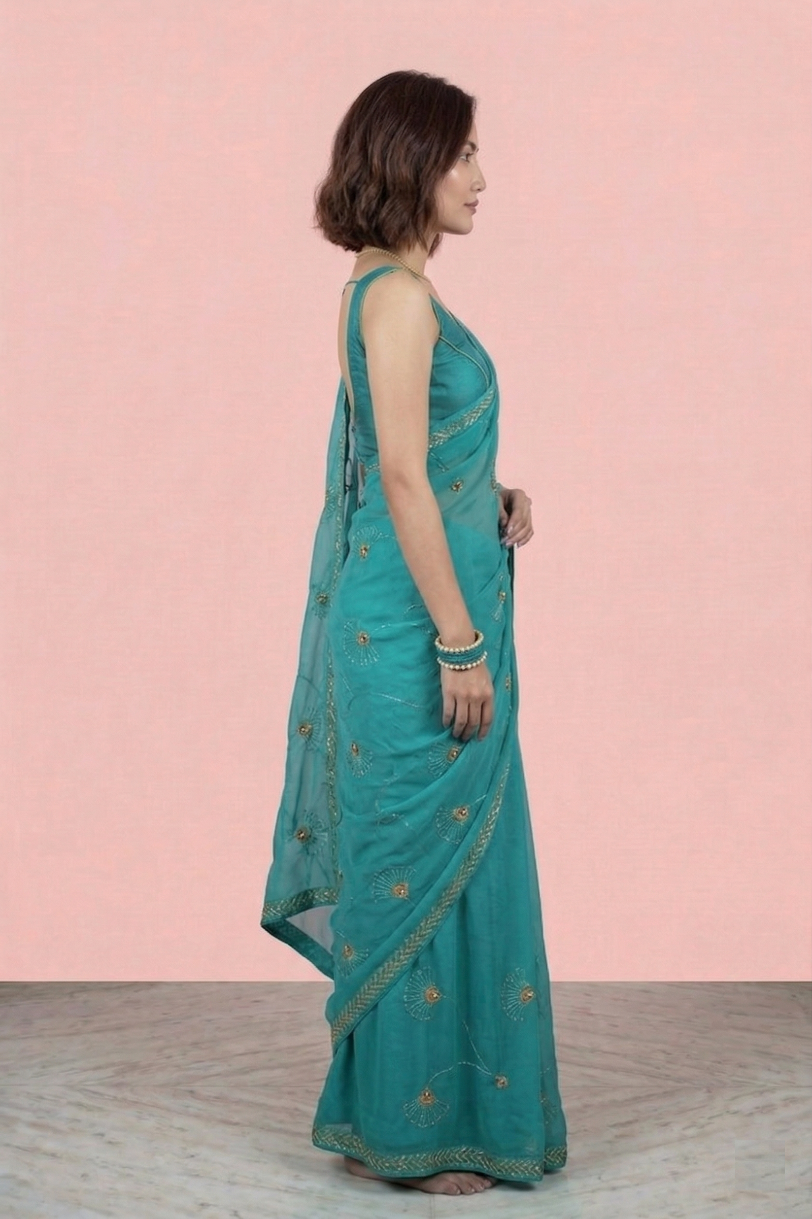 Womens Shimmer Chiffon Embroidered Hot Fix Stone Work with Lace/Swarovski Crystal Saree With Blouse - Image 3