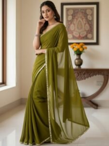 Women's Mahendi Plain Georgette Sarees with Mirror Work Lace Border