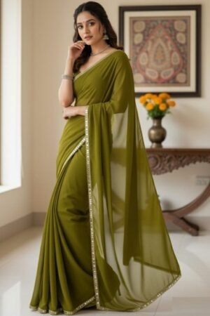 Women's Mahendi Plain Georgette Sarees with Mirror Work Lace Border