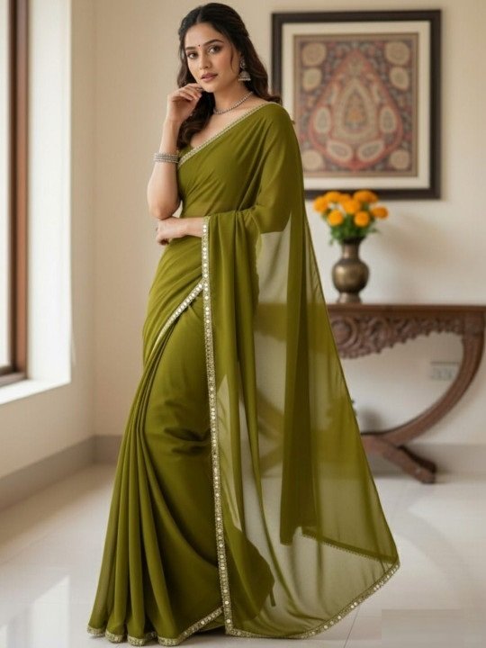 Women's Mahendi Plain Georgette Sarees with Mirror Work Lace Border