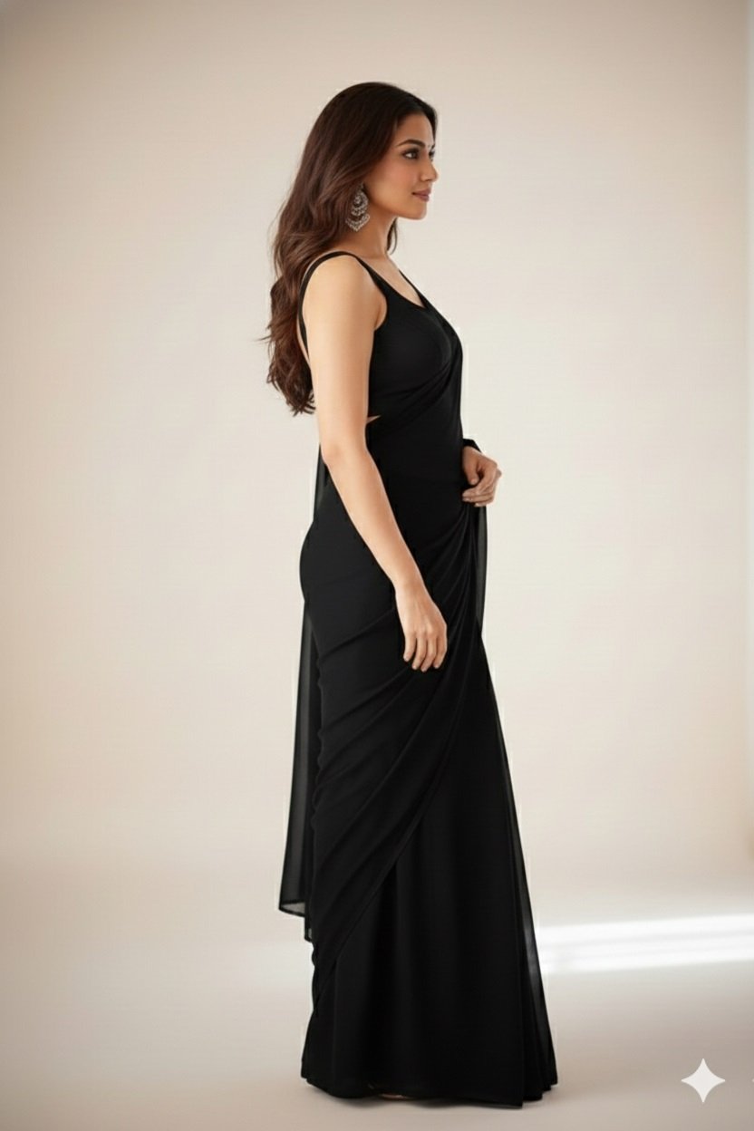 Women's Plain Pure Georgette Saree With Unstitched Blouse Piece (Rocky Aur Rani Ki Prem Kahani Alia Bhatt Saree) - Image 3