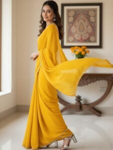 Women's Yellow Plain Georgette Sarees with Mirror Work Lace Border