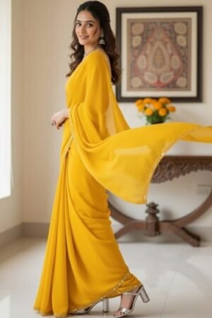 Women's Yellow Plain Georgette Sarees with Mirror Work Lace Border