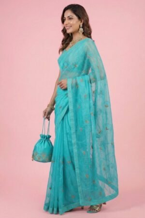 Womens Shimmer Chiffon Embroidered Hot Fix Stone Work with Lace/Swarovski Crystal Saree With Blouse