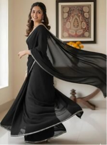 Women's Black Plain Georgette Sarees with Mirror Work Lace Border