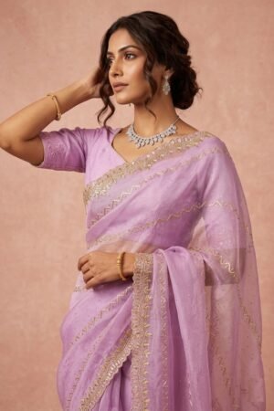 Womens Shimmer Chiffon Embroidered Hot Fix Stone Work with Lace/Swarovski Crystal Saree With Blouse