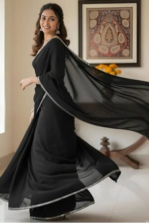 Women's Black Plain Georgette Sarees with Mirror Work Lace Border
