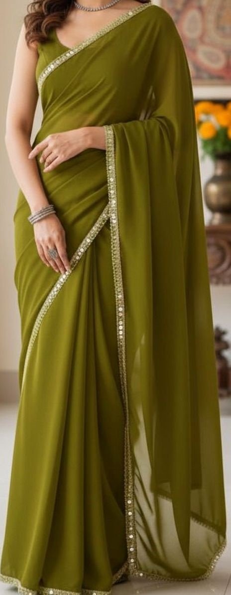 Women's Mahendi Plain Georgette Sarees with Mirror Work Lace Border - Image 3